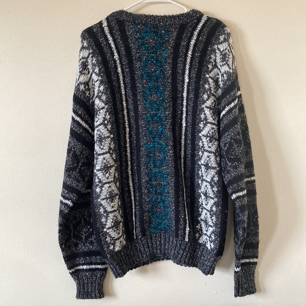 Mens size large vintage sweater Crewneck Expressions black white teal 90s EUC - Picture 2 of 3